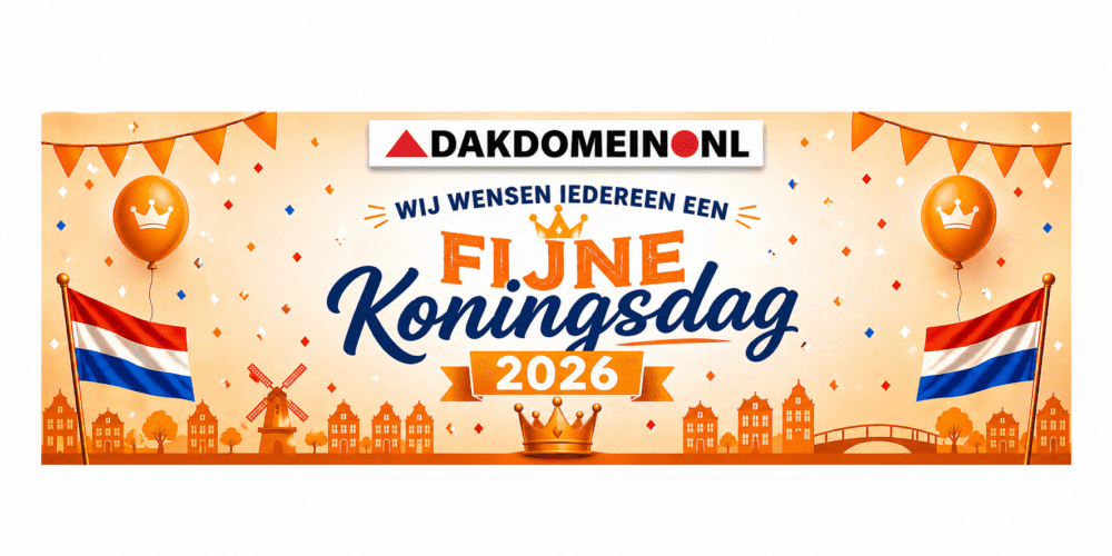 Feestelijke banner in oranje stijl met Nederlandse vlaggen, ballonnen en confetti.